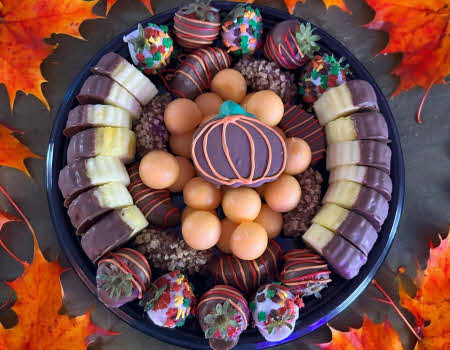 Fall Fruit Tray on table with Fall leaves